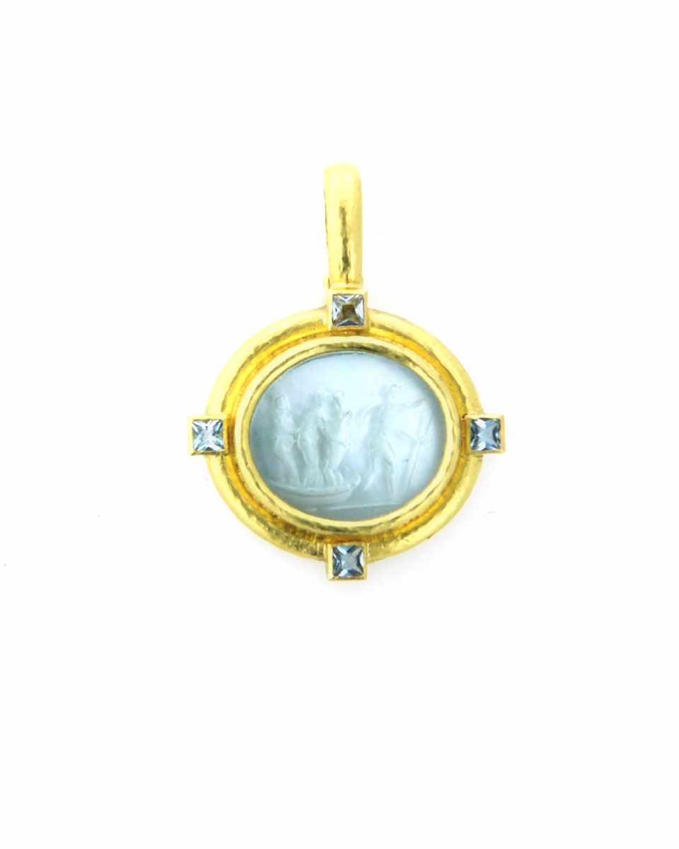 Goddess on Boat Intaglio 19k Gold Pendant, Light Aqua